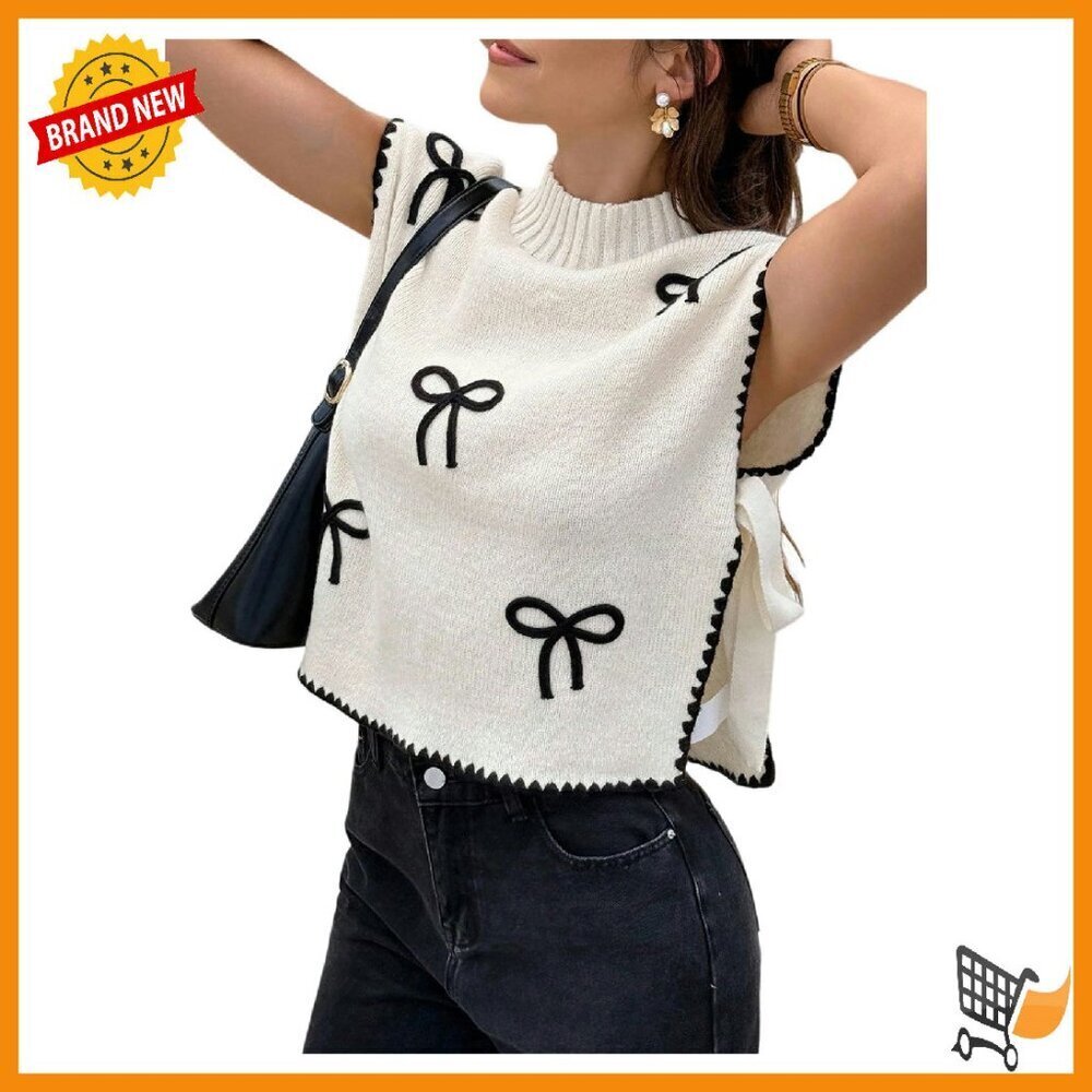 Mock Neck Sleeveless Knit Vest with Bow Embroidery Tie Side